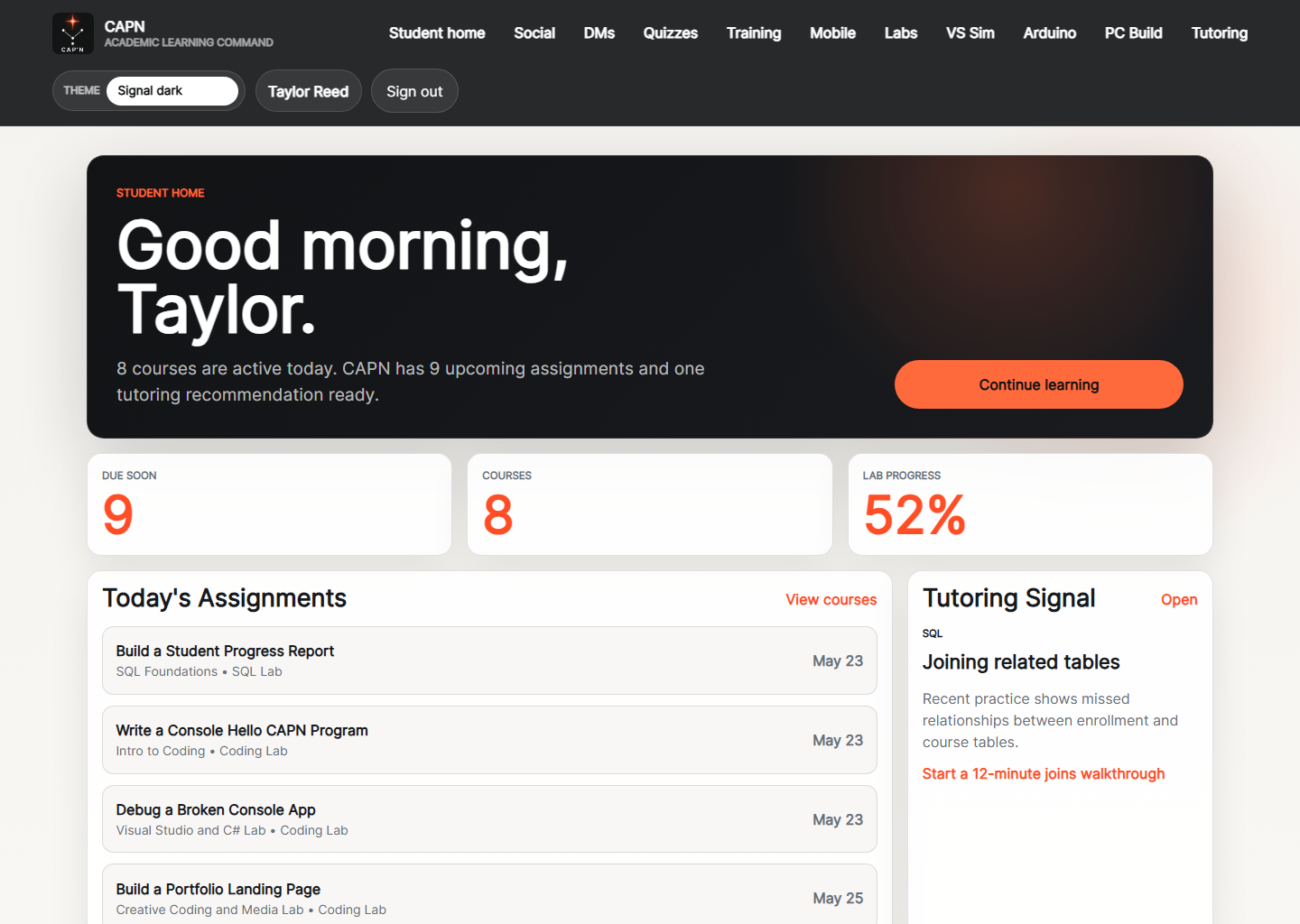 MyCapn Student Dashboard