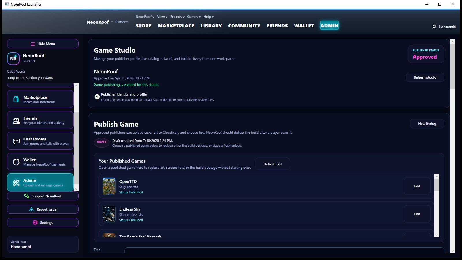 NeonRoof Platform Publisher Dashboard
