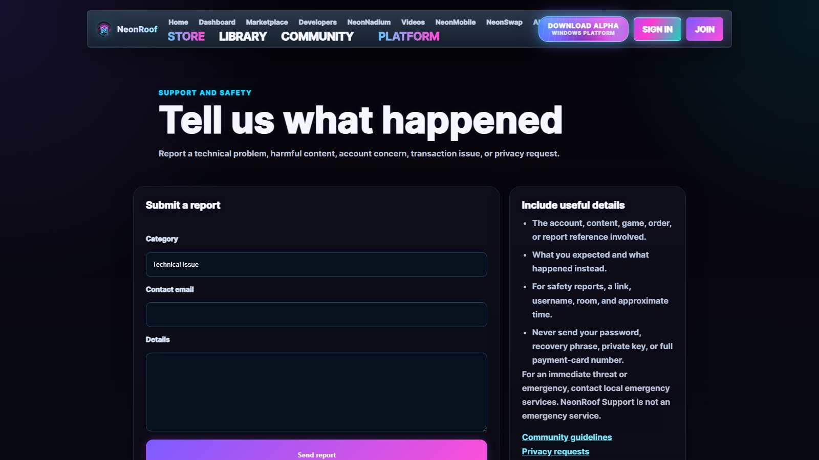 NeonRoof.com Support and Safety